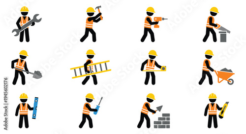 Construction workers with tools and equipment, vector icons set