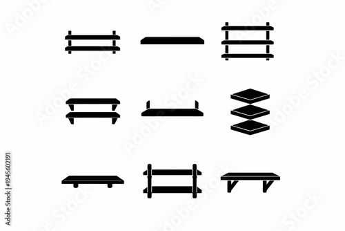 Collection of black silhouette shelf icons in various designs