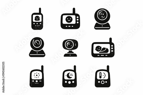 Set of nine baby monitor icons with various designs and features