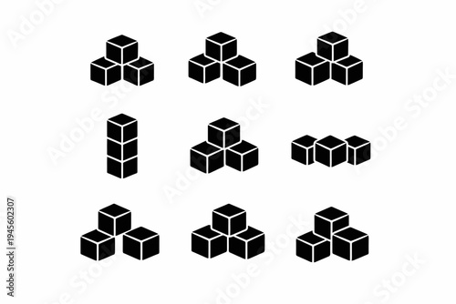 Various geometric cube arrangements in black silhouettes