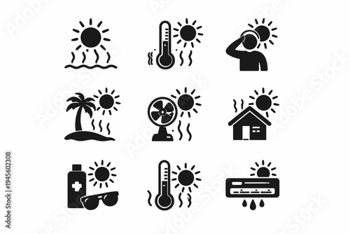 Heatwave icons: thermometer, sun, fan, and sunglasses in black and white design
