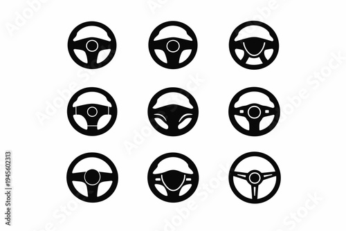 Set of nine black steering wheel icons on white background