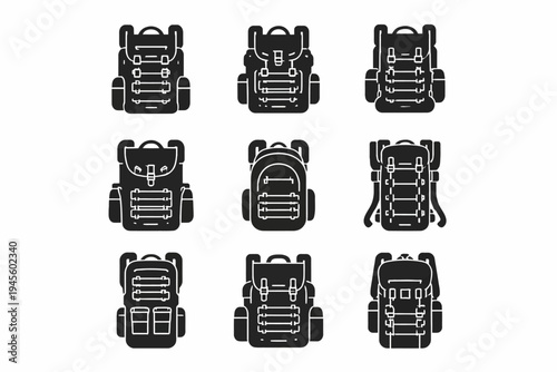 Set of nine black backpack silhouettes with straps and pockets on white background