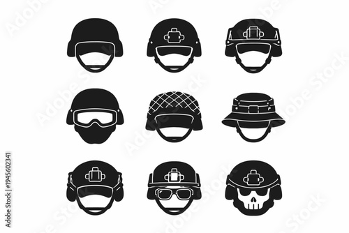 Collection of black military helmet icons with various designs and styles