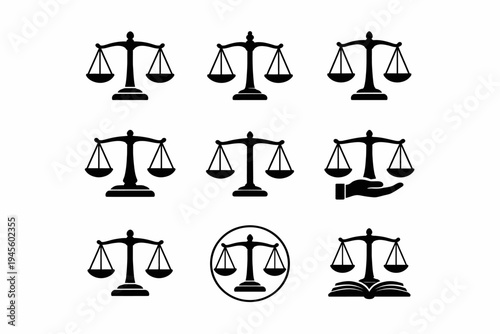 Collection of justice scales and legal symbols silhouettes