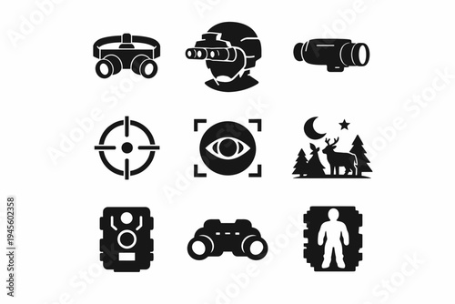 Night vision equipment icons: goggles, scopes, cameras, binoculars, and wildlife