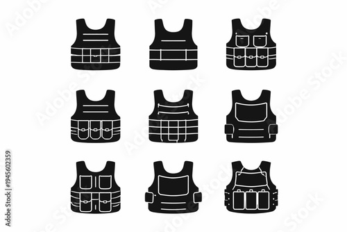 Collection of tactical vest silhouettes in various styles and configurations