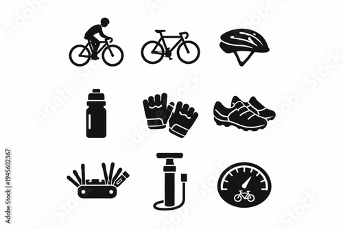 Cycling gear icons: bicycle, helmet, water bottle, gloves, shoes, toolkit, pump, speedometer