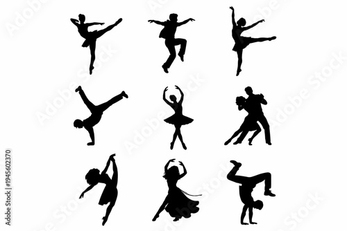 Silhouettes of diverse dancers performing dynamic dance moves in various styles