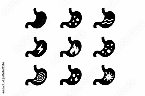 Set of stomach icons illustrating various gastric conditions and symptoms