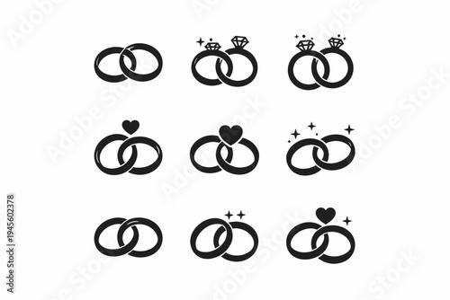 Black infinity symbol icons with rings, hearts, and stars