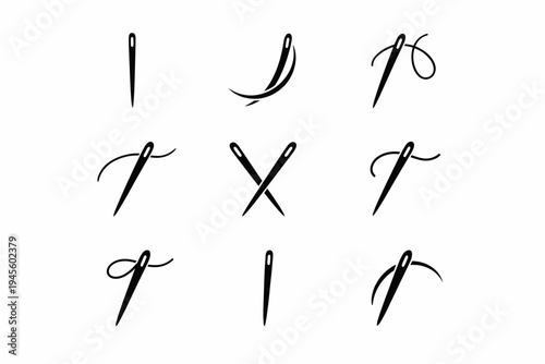 Set of nine sewing needle icons with thread in various positions