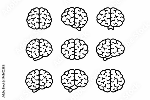 Set of nine black and white brain illustrations in simple line art style