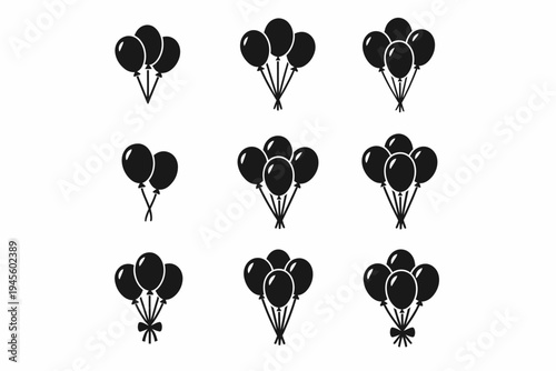 Set of nine balloon silhouettes in various groupings on white background