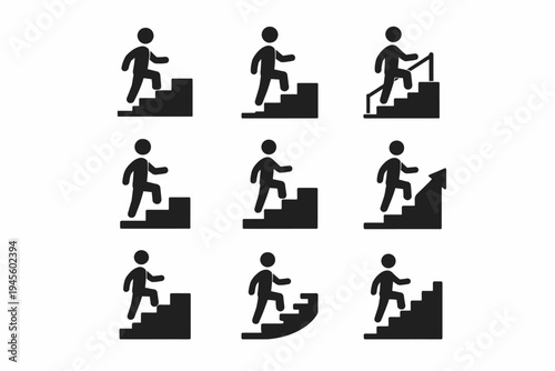 Set of stick figure icons: walking up and down stairs in various styles
