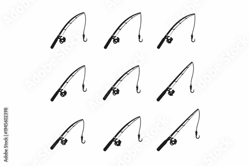 Pattern of nine black fishing rods and reels in repetitive formation