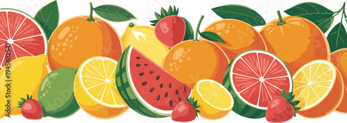Summer fruit banner with oranges lemons strawberries and grapefruits ripe juicy fruits vector illustration isolated
