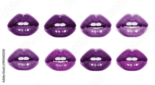 Collection of ten purple lip prints with white teeth on white background purple lips lipstick