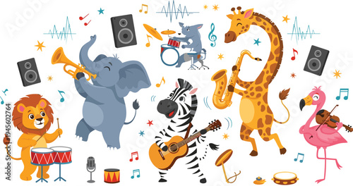 Cute Safari Animal Music Band with Lion Elephant Zebra Giraffe Flamingo Playing Instruments Cartoon Vector Illustration