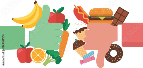 Thumbs up healthy fruits and vegetables versus thumbs down junk food burger sweets nutrition choice vector illustration