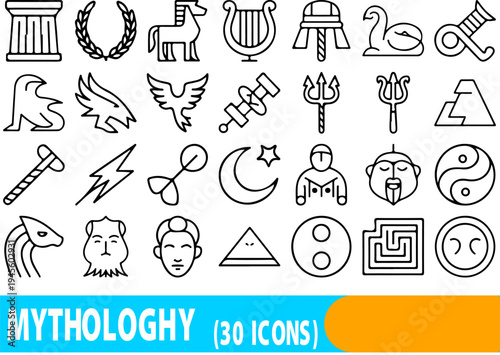 A comprehensive collection of 30 finely drawn line art icons representing diverse mythological symbols and figures from various ancient cultures.