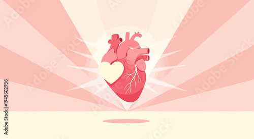Anatomical Heart with Radiant Glow and Love Symbol