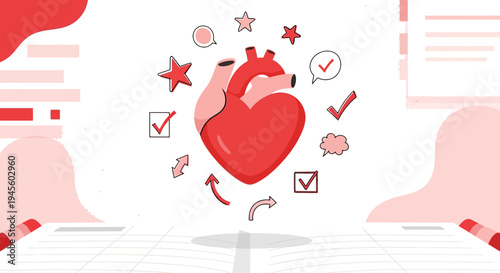 Anatomical Heart with Tasks and Goals Icons, Health and Wellness Concept