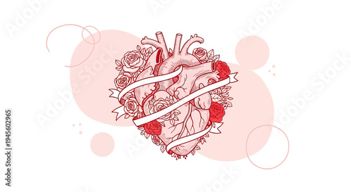 Anatomical Heart with Roses and Banner - Love, Romance, Health, Valentine's Day