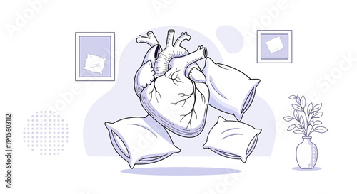 Anatomical Heart Floating on Pillows, Surreal Comfort and Rest Concept
