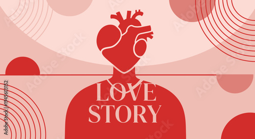 Anatomical Heart Human Silhouette with "Love Story" Text and Abstract Shapes