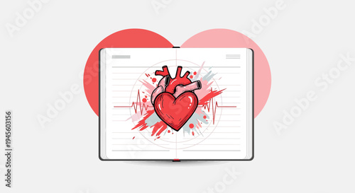 Anatomical Heart Illustration with EKG Line and Abstract Splatter on Open Notebook