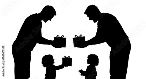 Silhouetted Parents and Children Exchanging Gifts.