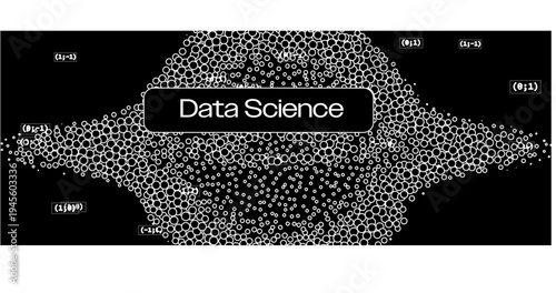 Abstract particle vector illustration depicting a symmetrical bowtie or diamond shape made of thousands of white circular data points on black background, accented with floating mathematical symbols.