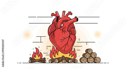 Anatomical Heart Warming by Fire in Minimalist Fireplace - Love Concept