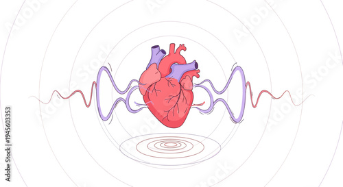 Anatomical Heart with Abstract Sound Waves and Circles