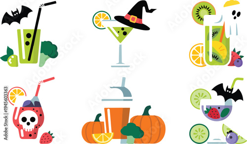 Halloween cocktail drinks collection spooky party beverages with pumpkins ghosts and festive decoration vector illustration set