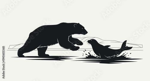 Silhouette of a Polar Bear Hunting a Seal in the Arctic.