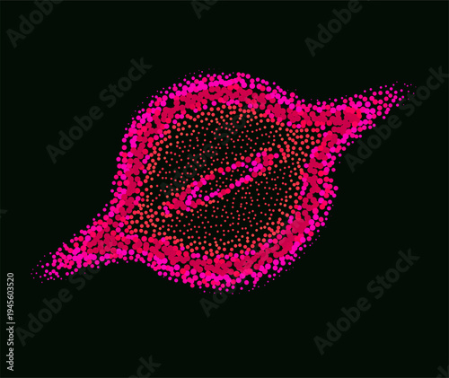 Futuristic vector illustration of a stylized black hole accretion disk formed by thousands of densely clustered glowing pink and magenta circular particles creating a smooth gradient density effect.