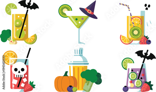 Halloween cocktail drinks collection spooky party beverages with pumpkins ghosts and festive decoration vector illustration set