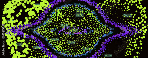 Multicolor glowing particle circle with probability math symbols on black. Conceptual vector illustration for quantum computing and machine learning probability.