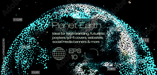 Futuristic planet earth made of glowing cyan turquoise particles. Conceptual vector illustration for tech branding futuristic globe designs and digital innovation banners.