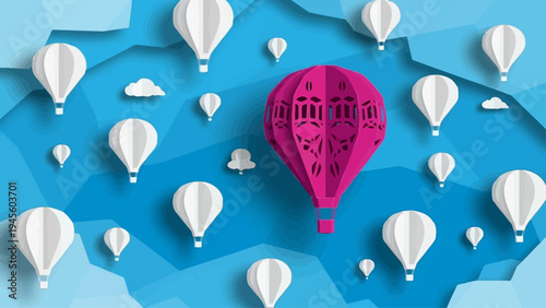 Unique pink hot air balloon floating among white ones in paper cut sky.