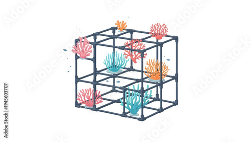 Coral reef growth structure with colorful corals and small fish.
