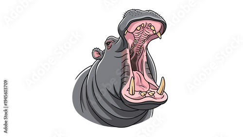 Cartoon Hippopotamus Yawning with Open Mouth and Tusks