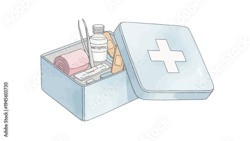 Open first aid kit with bandages, antiseptic, and tweezers