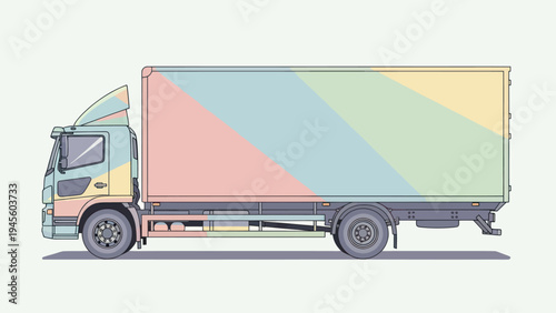 Flat illustration of a colorful delivery truck in profile.