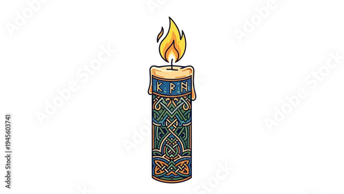 Ornate candle with celtic knots and runes, lit flame.