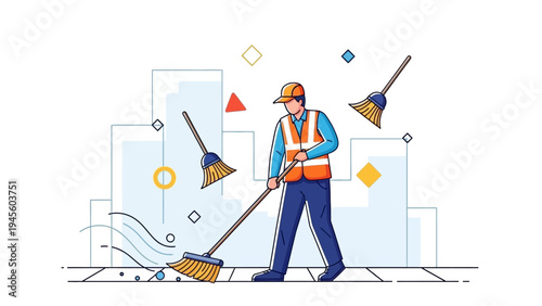 A street cleaner sweeps debris with a broom in a city.