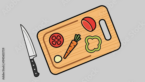 Fresh vegetables and kitchen tools on a cutting board, ready for cooking.