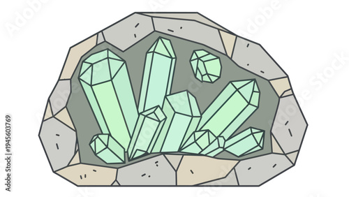 Abstract illustration of a cluster of glowing green crystals emerging from a rock.